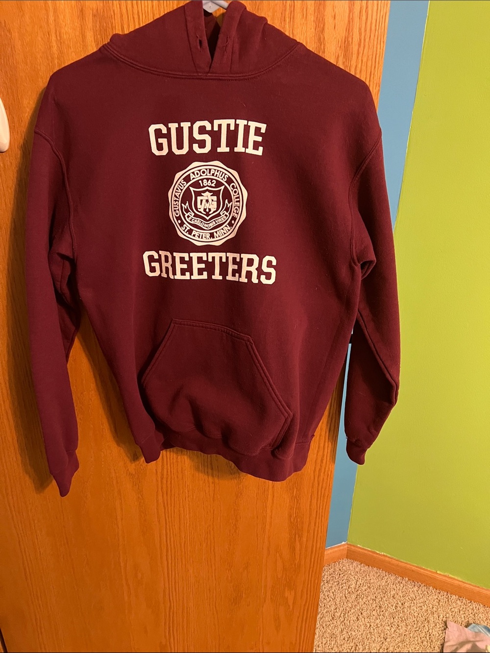 Gustie Greeters Maroon Hoodie with Crest Small Gustavus Adolphus
